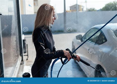 Beautiful Blonde Woman Washes White Car At Car Wash Stock Image Image Of Body Fashion 202506133