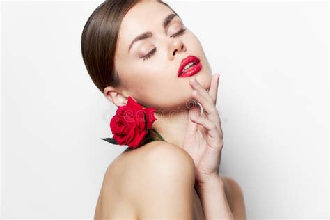 Beautiful Woman Naked Shoulders Closed Eyes Rose Flower Luxury Stock Photo Image Of Beautiful