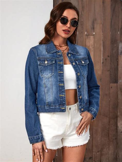 Shein Unity Giacca In Denim Lavaggio Con Candeggina Tasca Con Patta