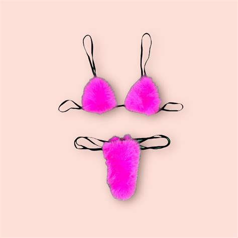 Pink Barbie Outfit Fur Bikini Set Music Festival Furry Bra And Thong Sexy Exotic Lingerie