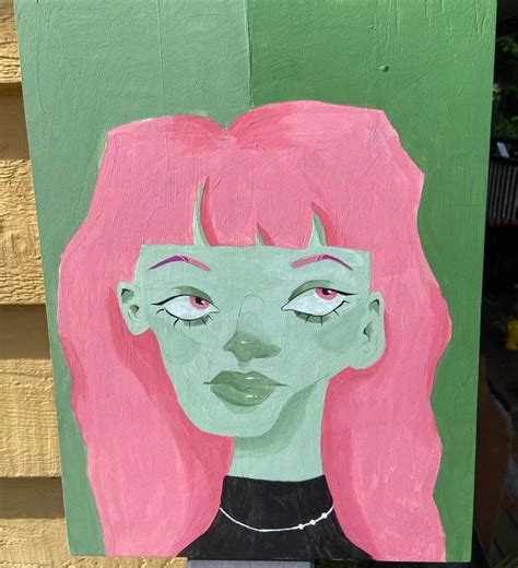 Alien Passport Photos Series Original Painting Design Green And Pink