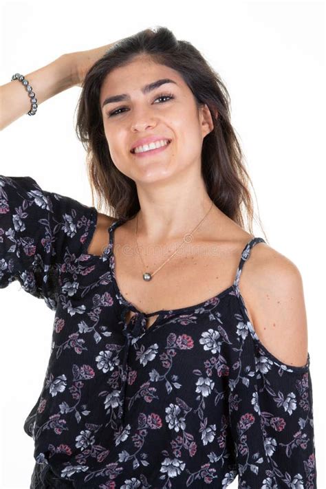 Cute Beauty Brunette Woman Slim Portrait Hand On Head Hairs In