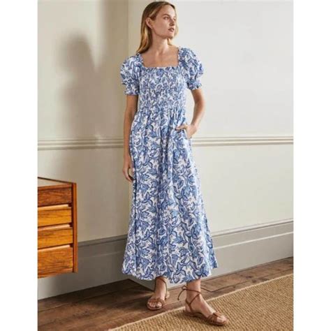 Boden Dresses Boden Floral Smocked Midi Dress Dusty Blue Wild