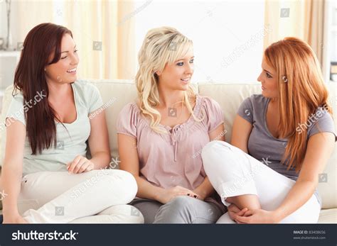 Talking Friends Sitting On Sofa Living Stock Photo 83408656 Shutterstock