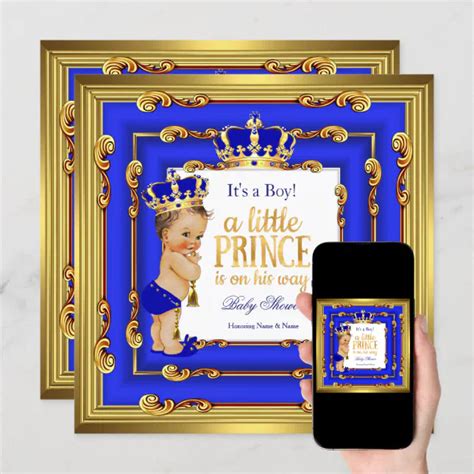 Prince Baby Shower Royal Blue Gold Frame Brunette Invitation Zazzle