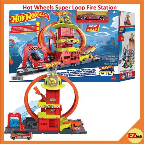 Mattel Hot Wheels City Super Loop Fire Station Playset Track Set With Toy Car Connects To
