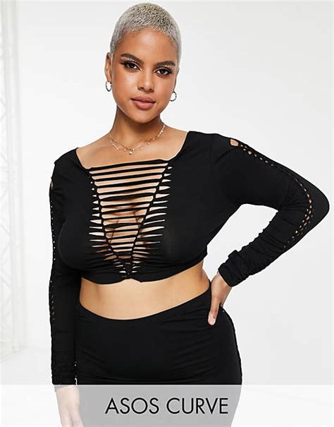 Asos Design Curve Long Sleeve Ladder Detail Beach Crop Top In Black Asos