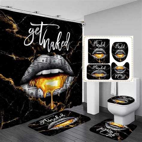 4PCS Get Naked Shower Curtain Set Funny Quotes Lips 100 Dollar Bills Cash Benjamin Franklin