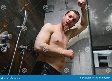 Relaxing After Stressful Day Waist Up Portrait Of Naked Muscular Gentleman Taking Shower At