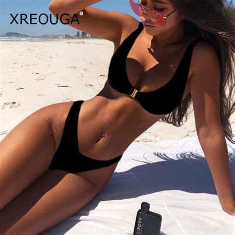 Xreouga Push Up White Bikini Set Thong Swim Wear Women Front Lock Black Swimsuit Buckle Bikinis