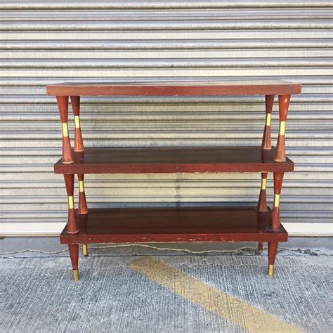 Mid Century Modern Mcm Dark Walnut And Brass Three 3 Tier Shelving Unit Bookshelf Bookcase