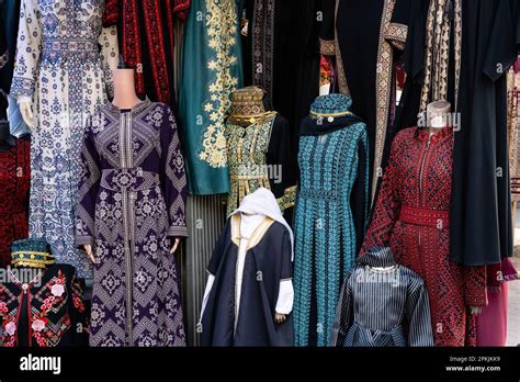 Traditional Jordanian Womens Abaya Dresses Colorfully Embroidered At A