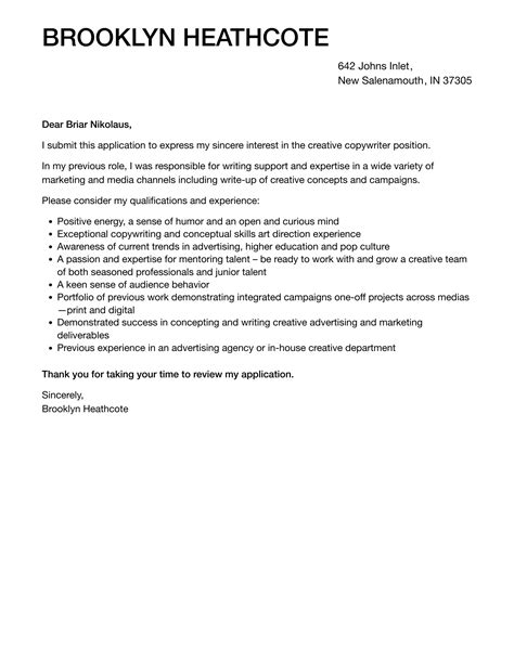 Creative Copywriter Cover Letter Velvet Jobs