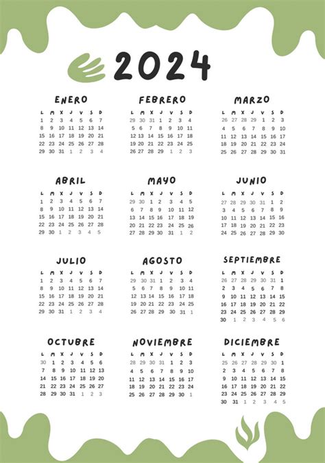 Calendario Anual Con Estilo Organico Verde Templates By Canva