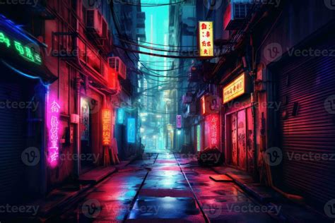 City Alleyway With Neon Lights Night View Of A Quiet Street