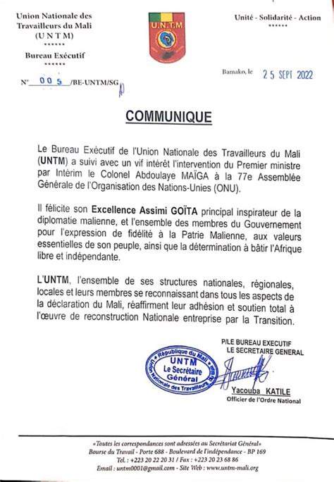 Onu Untm Communique Le Bureau Ex Cutif De Lunion Nationale Des