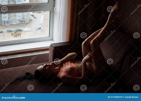 Sensual Naked Woman In Lingerie Lying On Bed In Room Stock Image Image Of Room Glamour
