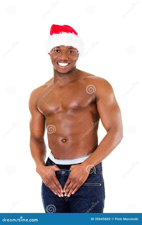 Handsome Half Naked Man In Jeans And Santa Hat Stock Photo Image Of Adult African