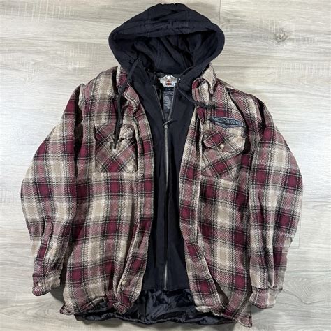 harley davidson heavy hooded jacket plaid flannel depop