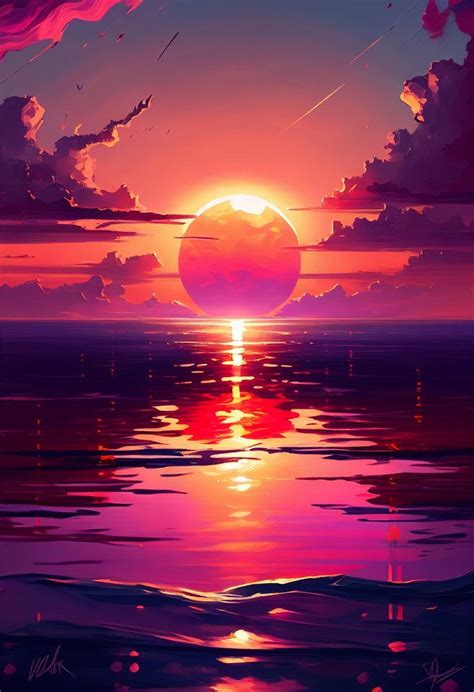 sunset painting wall art decor pink sunset horizon sea cloudy etsy