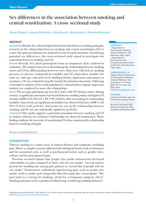 PDF Sex Differences In The Association Between Smoking And Central Sensitization A Cross