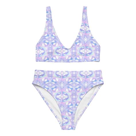 High Waisted Bikini Trippy Holographic Print Pastel Colors Recycled Polyester Eco Friendly