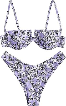 Amazon Zaful Women S Underwire Bikini Floral V Wired High Leg Two Piece Bikini Set Swimsuit