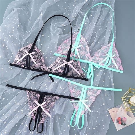 Women Sexy Lingerie Set Open Crotch Thong Lace Bra Set Shopee Singapore