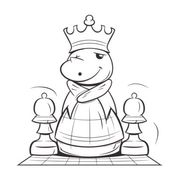 Cartoon Character Wearing Crown And Chess Board With Pawns Standing