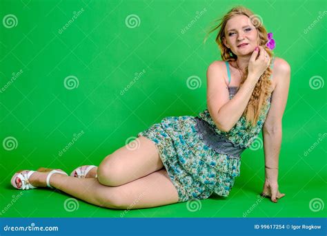 Beautiful Romantic Girl Blonde In Summer Dress With Orchid Flower Stock Photo Image Of Face