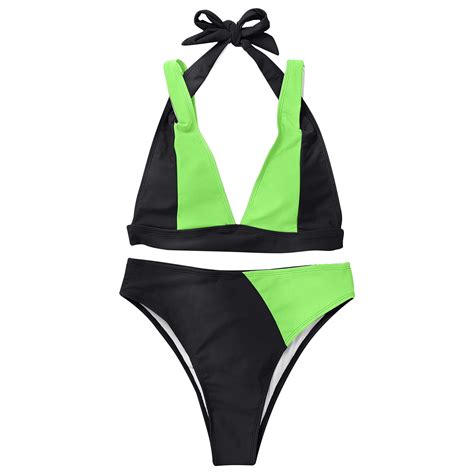 OAVQHLG B Women S Color Block Bikini Halter Swimsuit Two Piece Bathing Suit Soild Swimwear