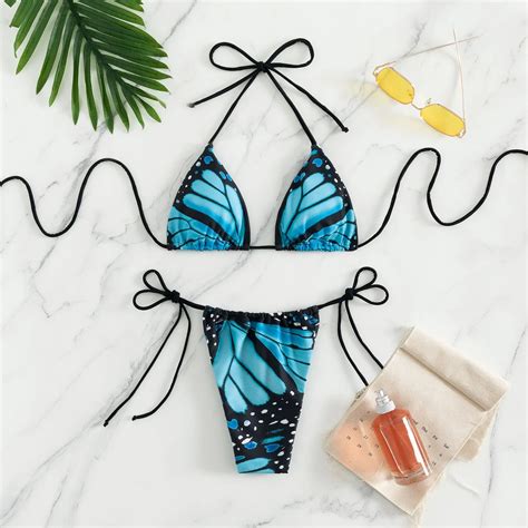 Sexy Women Butterfly Print Halter String Micro Bikini Sets Two Pieces Swimsuit Swimwear Bathing