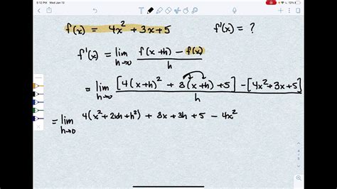 Finding Derivative Function Using Limits Quadratic Youtube