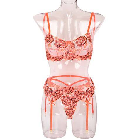 Hot Three Piece Women S Luxury Red Floral Embroidery Revealing Lingeries Valentine S Day