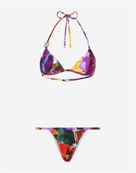 Dolce Gabbana Triangle Bikini With Dg Logo And Abstract Flower Print