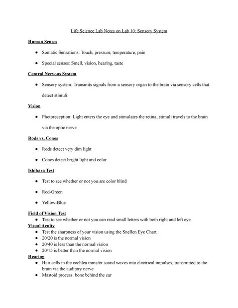 Life Science Lab Notes On Lab Sensory System Vision Photoreception