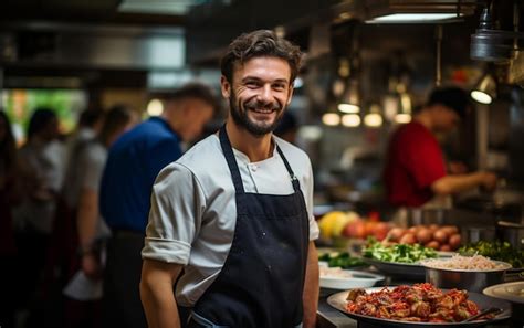 Premium Ai Image Joyful Male Chef Cooking In A Restaurant Kitchen In