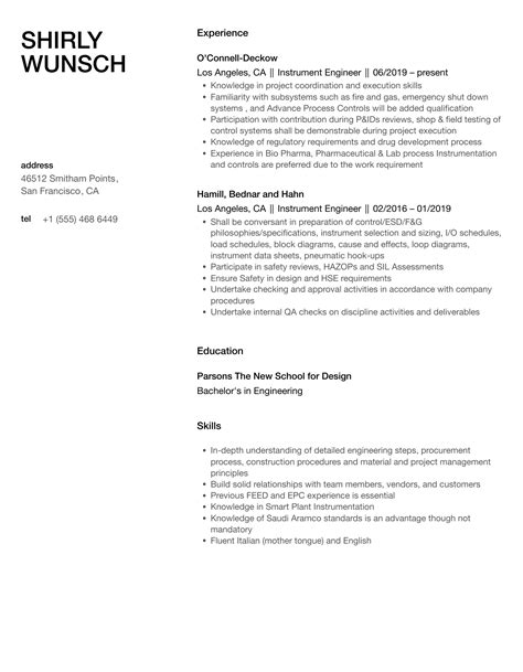 Instrument Engineer Resume Samples Velvet Jobs
