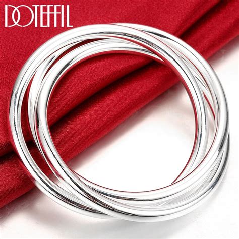 Doteffil Sterling Silver Three Lines Smooth Bangle Bracelet For