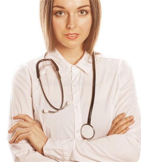 Young Pretty Woman Doctor With Stethoscope On White Background Stock