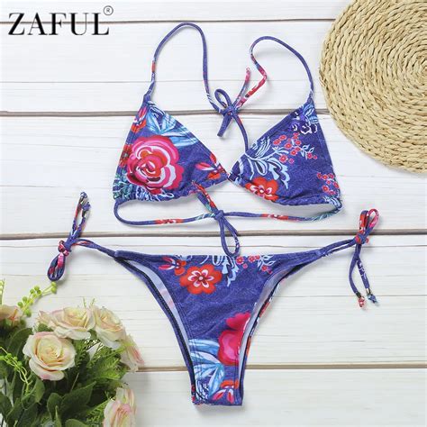 Zaful Sexy Women Bikini Set Halter Strappy Tied Floral Print Swimwear Female Swimsuit Summer