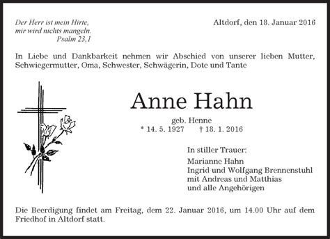 Traueranzeigen von Anne Hahn Kreiszeitung Böblinger Bote