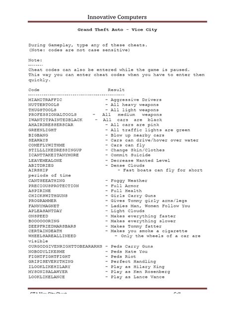 Gta Vice City Cheat Codes | PDF