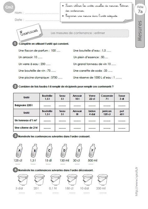 Cm Exercices Les Mesures De Capacites Tableau De Conversion