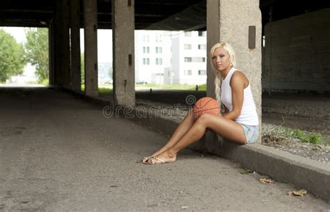 Beautiful Blonde Girl With Basketball Stock Image Image Of Leisure Denim 20295839