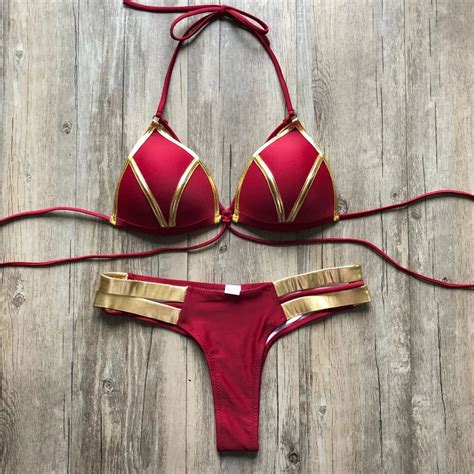 Chic Red And Gold Triangle Bikini Set On Luulla