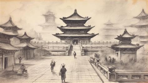 Premium Photo | A drawing of a chinese temple with a chinese building ...