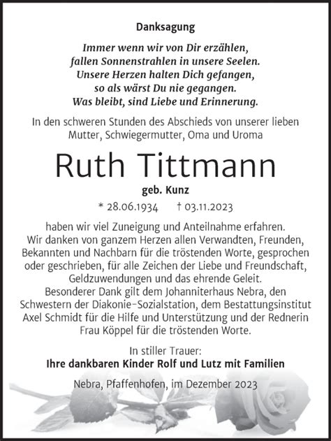 Traueranzeigen Von Ruth Tittmann Abschied Nehmen De