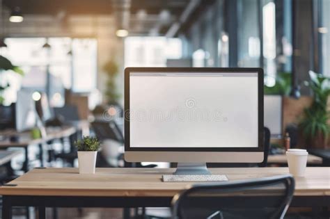 Large Computer Screen On Desk In Empty Modern Office Stock Illustration