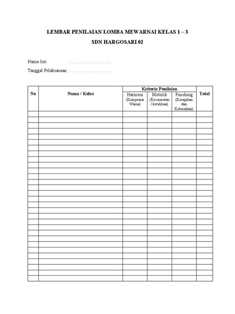 Lembar Penilaian Lomba Mewarnai Sdn Hargosari 2 Pdf